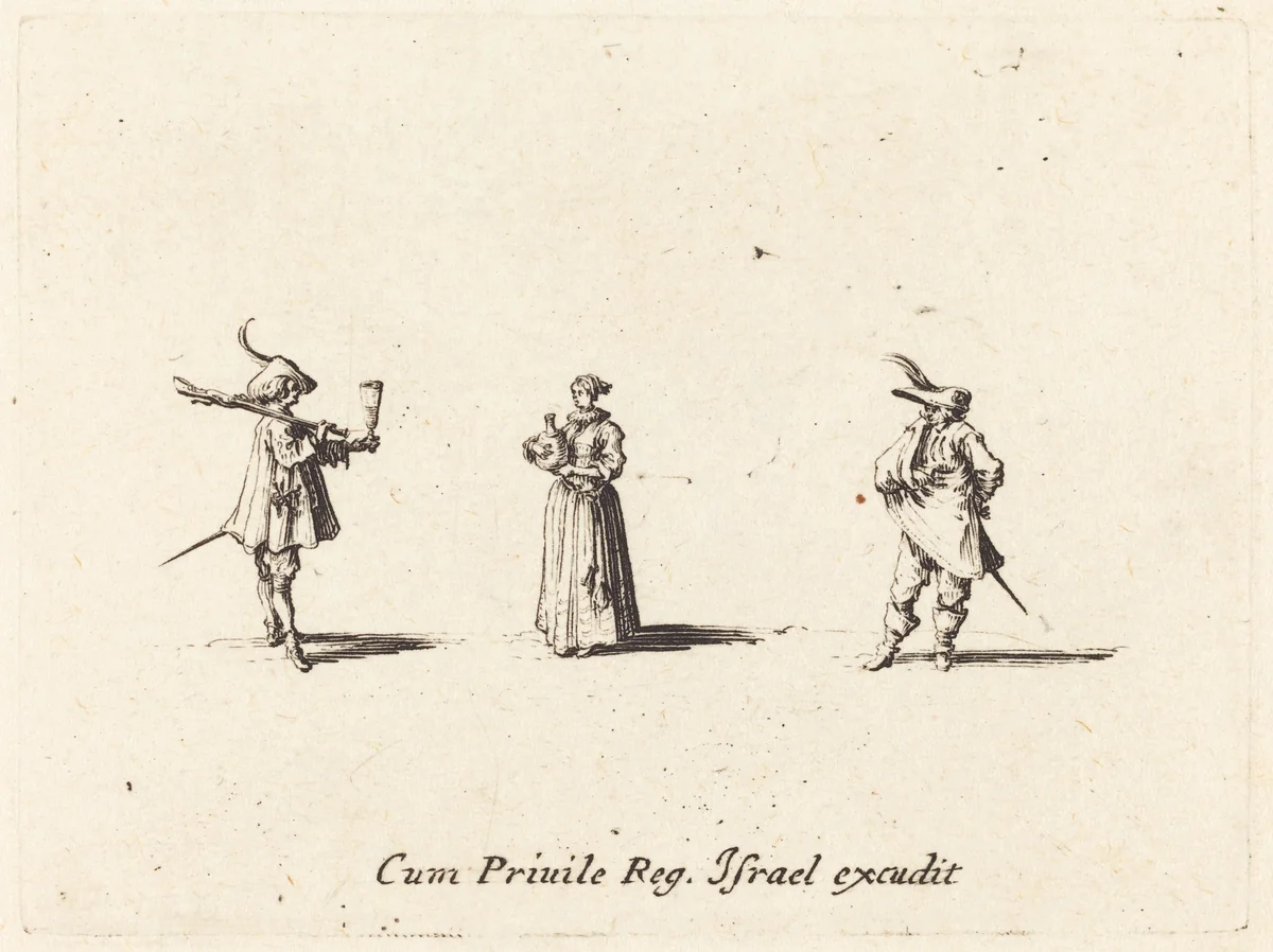 Lady with Wine Bottle, and Two Gentlemen by Jacques Callot, print, 1628-1638