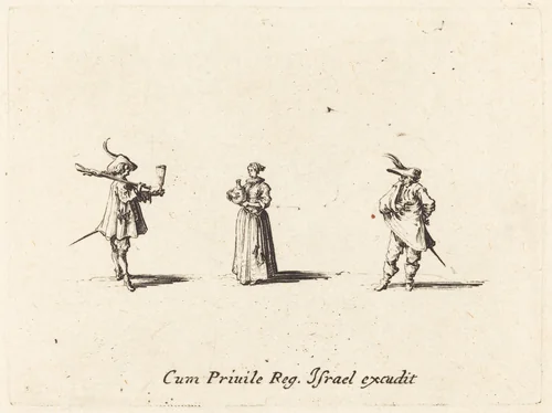 Lady with Wine Bottle, and Two Gentlemen by Jacques Callot, print, 1628-1638