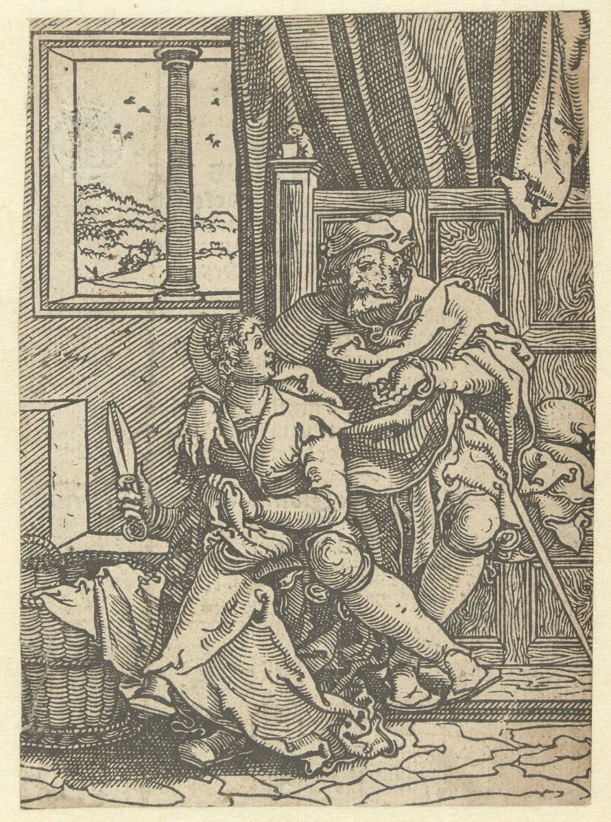 Zittend paar in een interieur by Jan Swart, print, 1520-1540