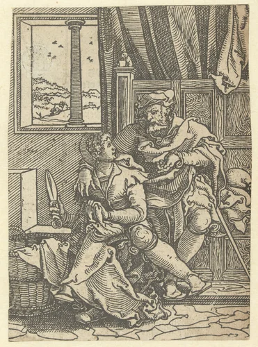 Zittend paar in een interieur by Jan Swart, print, 1520-1540