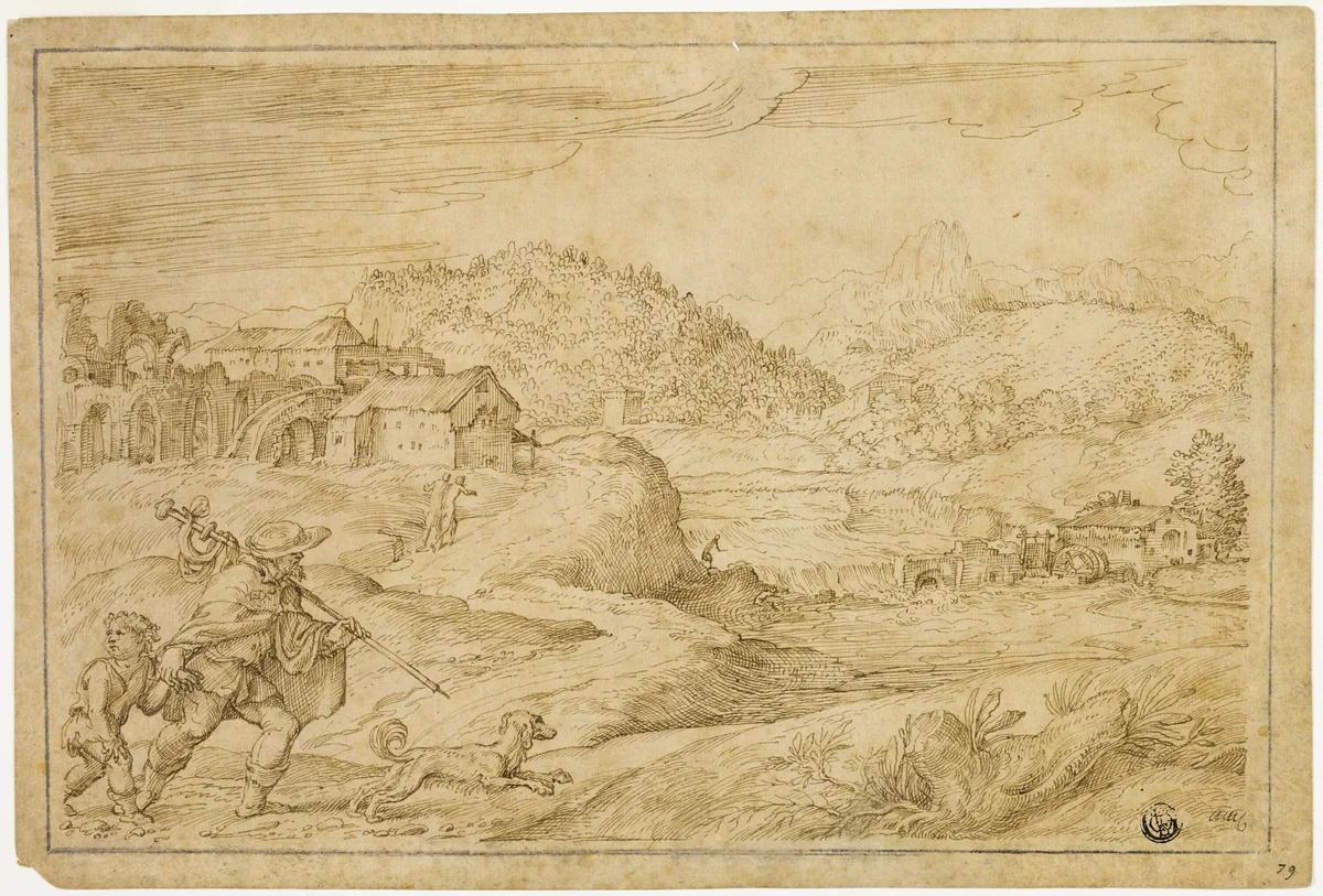 River Landscape with Saint Roch and a Child Traveling with Dog by Domenico Campagnola, drawing, 1545-1550
