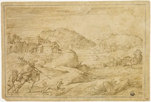River Landscape with Saint Roch and a Child Traveling with Dog by Domenico Campagnola, drawing, 1545-1550