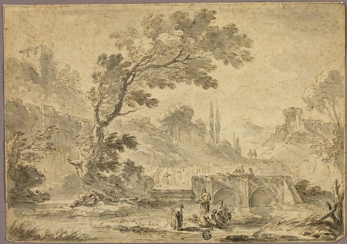 Washerwomen by Stream in Italianate Landscape by Andrea Locatelli, drawing, 1705-1741