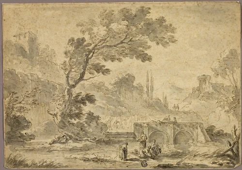 Washerwomen by Stream in Italianate Landscape by Andrea Locatelli, drawing, 1705-1741