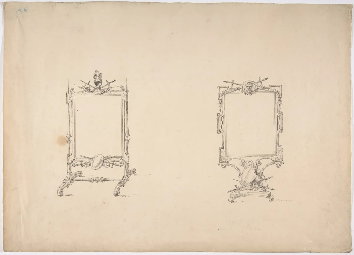 Design for Two Tabletop Mirrors with Military Ornament by anonymous, drawing, 1800-1850