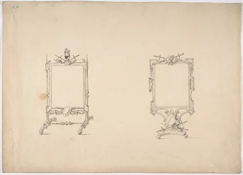 Design for Two Tabletop Mirrors with Military Ornament by anonymous, drawing, 1800-1850