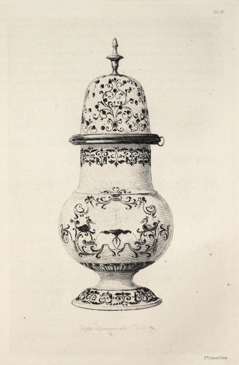 History of the Ceramic Art: A Descriptive and Philosophical Study of the Pottery of All Ages and All Nations: France: Moustieres- Sugar Caster, Blue Decoration (Plate IX) by Jules Jacquemart, book, 1877