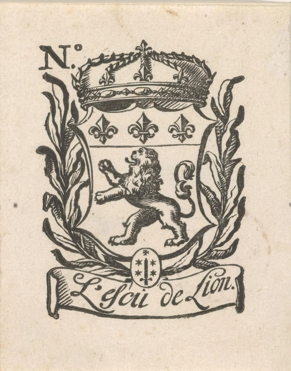 Handelsetiket met de wapens van Lyon en Haarlem by Isaac Vincentsz. van der Vinne, print, 1681-1740