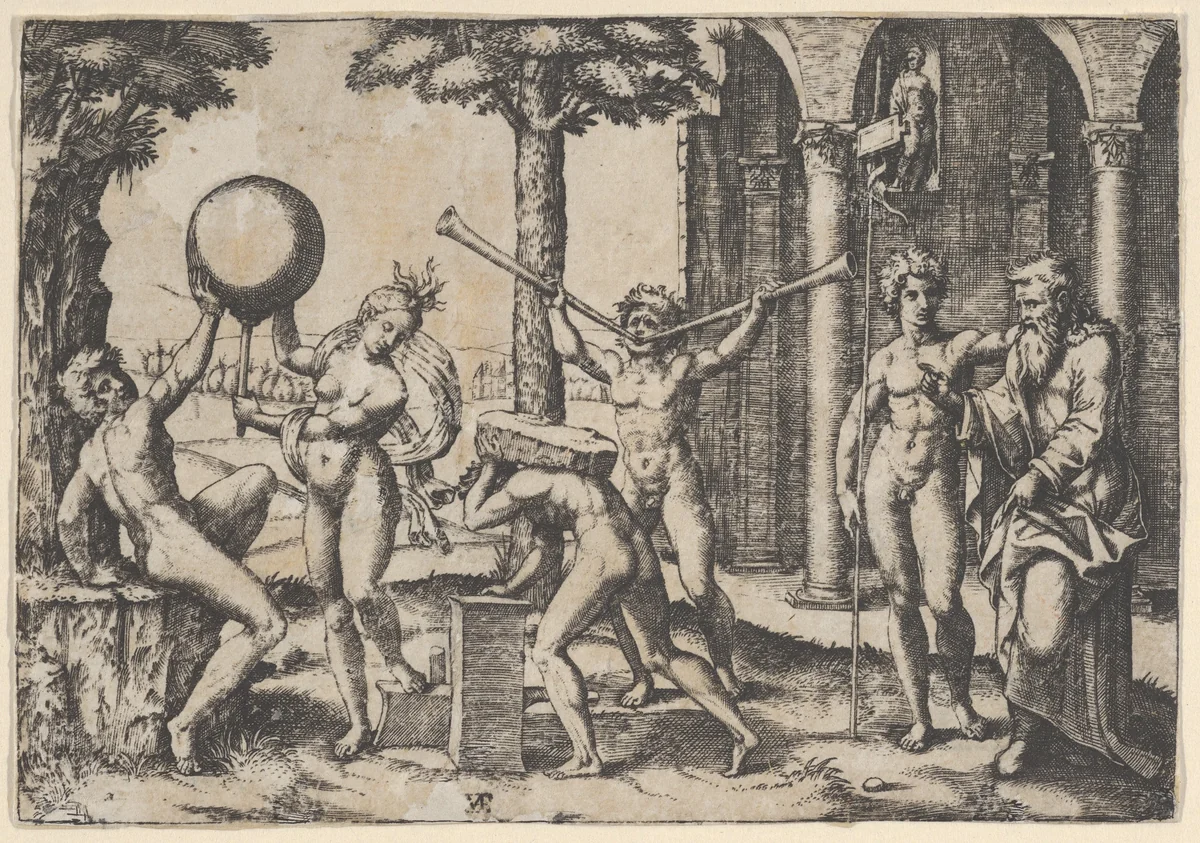 A man with two trumpets in the centre flanked by other figures including an old and a young man at right by Marcantonio Raimondi, print, 1505-1515