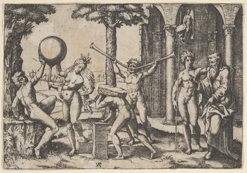 A man with two trumpets in the centre flanked by other figures including an old and a young man at right by Marcantonio Raimondi, print, 1505-1515