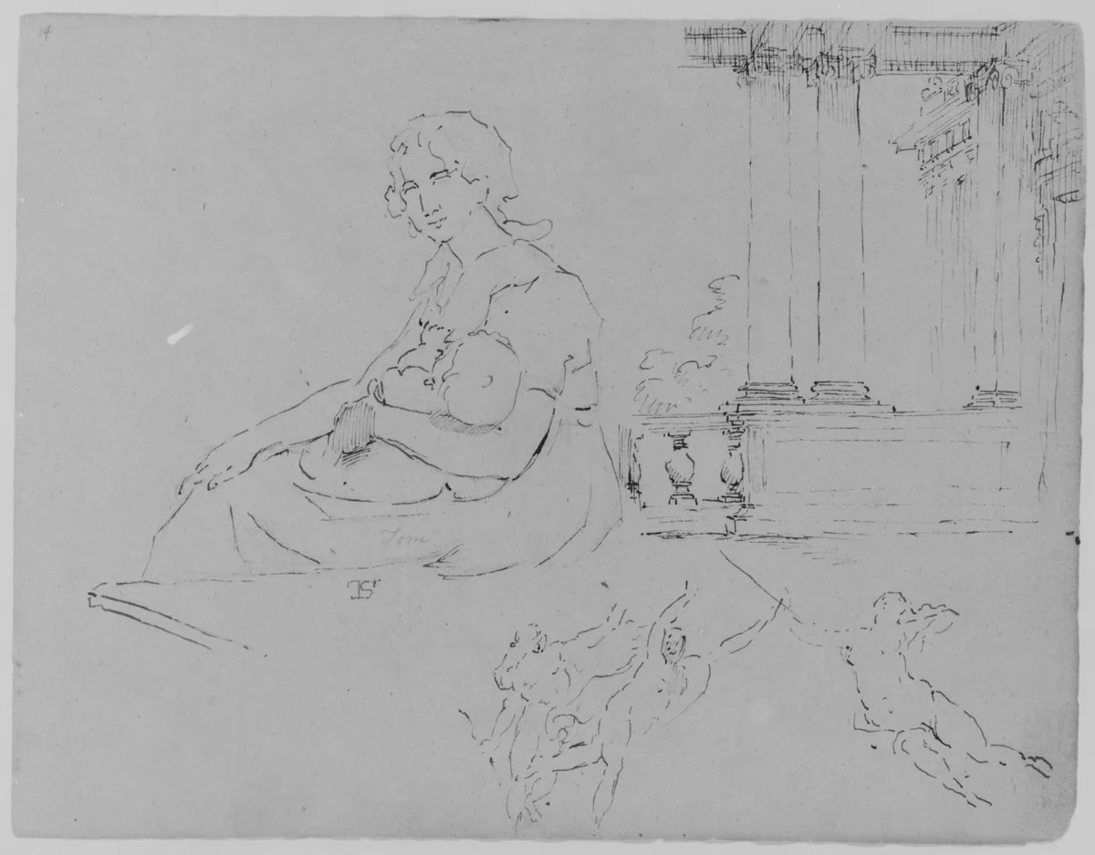 Seated Woman Holding Baby; Ionic Porch and Balustrade, Three Fleeting Figures (from Rubens Massacre of Innocents? Or Allegory of War) (from Sketchbook) by Thomas Sully, artwork, 1810-1820