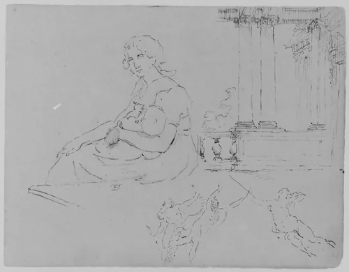 Seated Woman Holding Baby; Ionic Porch and Balustrade, Three Fleeting Figures (from Rubens Massacre of Innocents? Or Allegory of War) (from Sketchbook) by Thomas Sully, artwork, 1810-1820