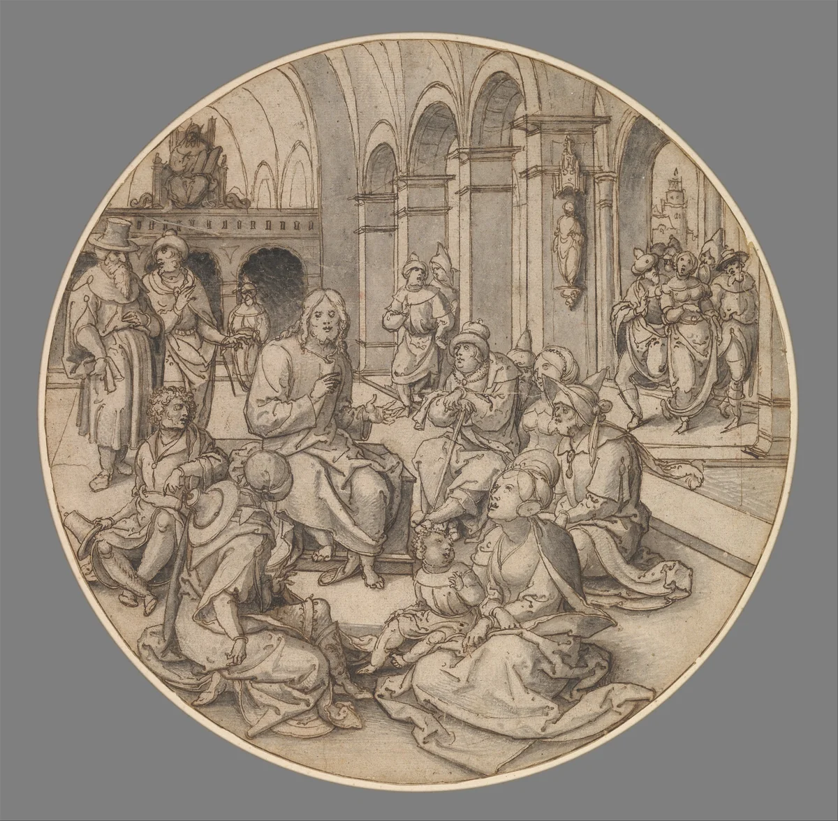 Christ Preaching in the Synagogue, with the Pharisees Bringing the Woman Taken in Adultery by Dirck Vellert, drawing, 1523