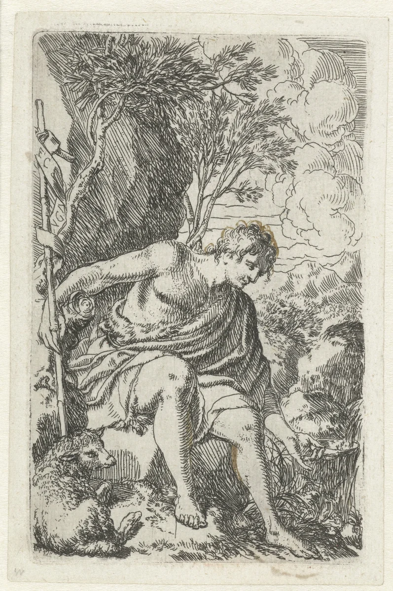 Johannes de Doper water drinkend by Jonas Umbach, print, 1634-1693