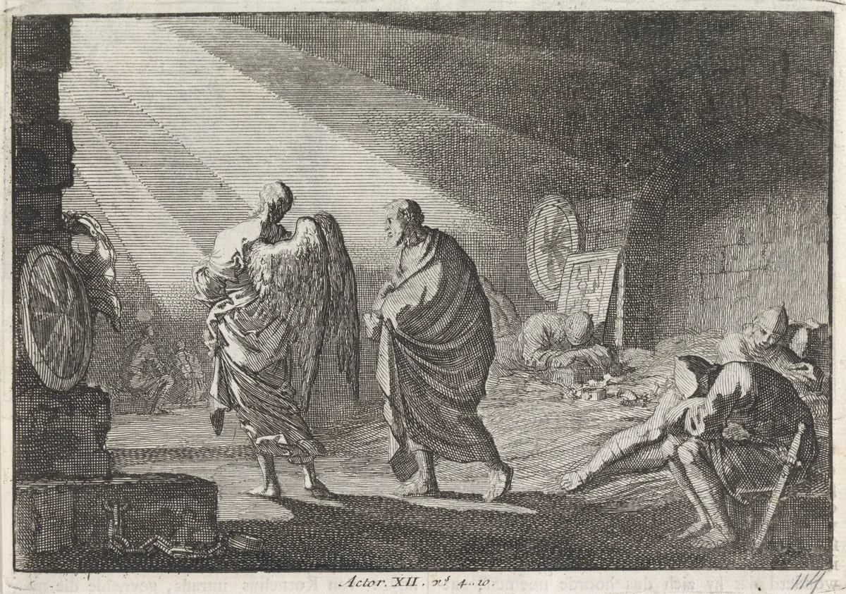 Petrus door de engel uit de gevangenis bevrijd by Jan Luyken, print, 1703-1762