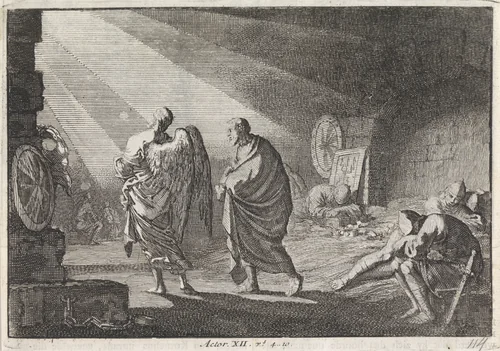 Petrus door de engel uit de gevangenis bevrijd by Jan Luyken, print, 1703-1762