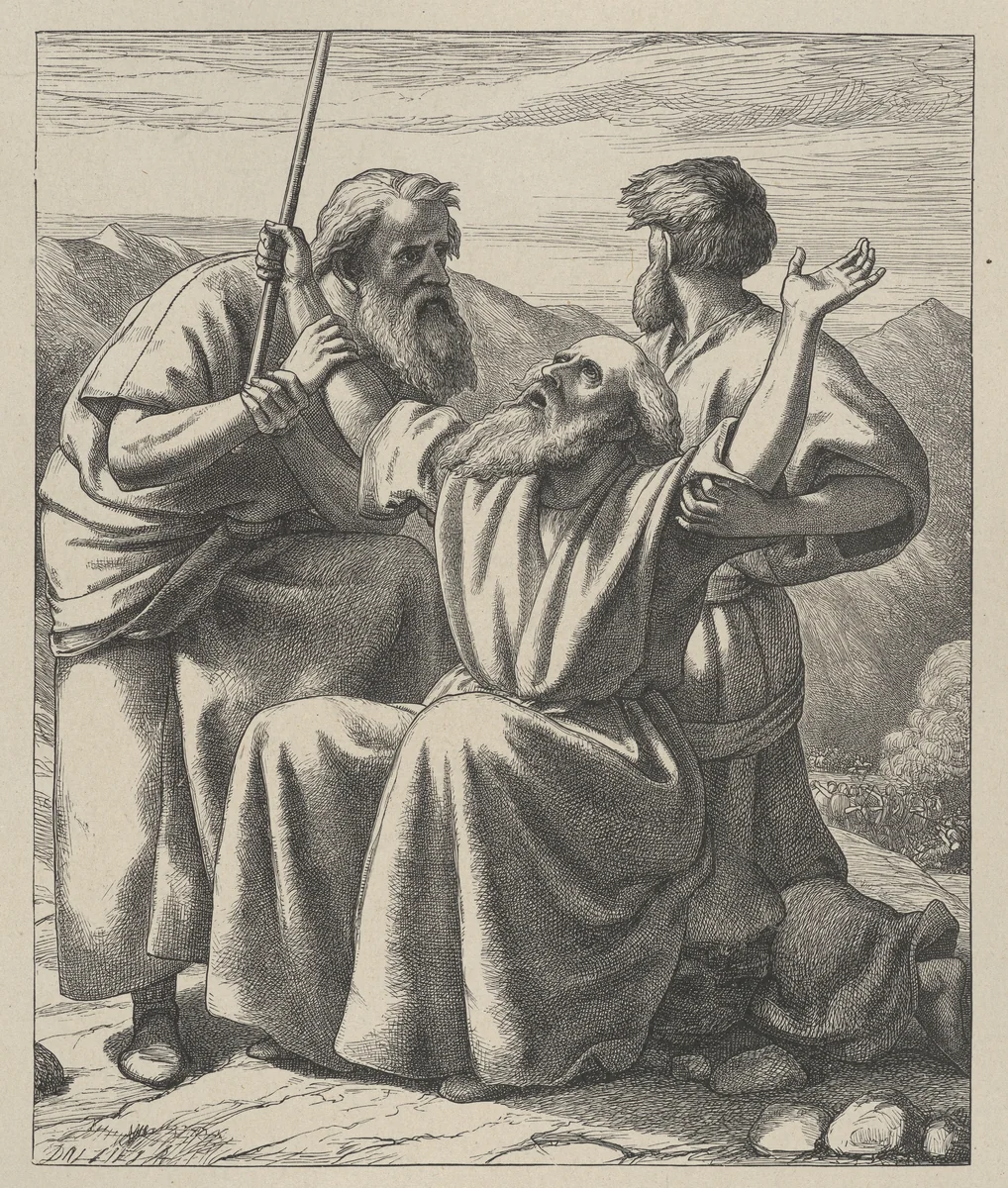 Moses' Hands Held Up, from "Dalziels' Bible Gallery" by Frederick Richard Pickersgill, print, 1865-1881