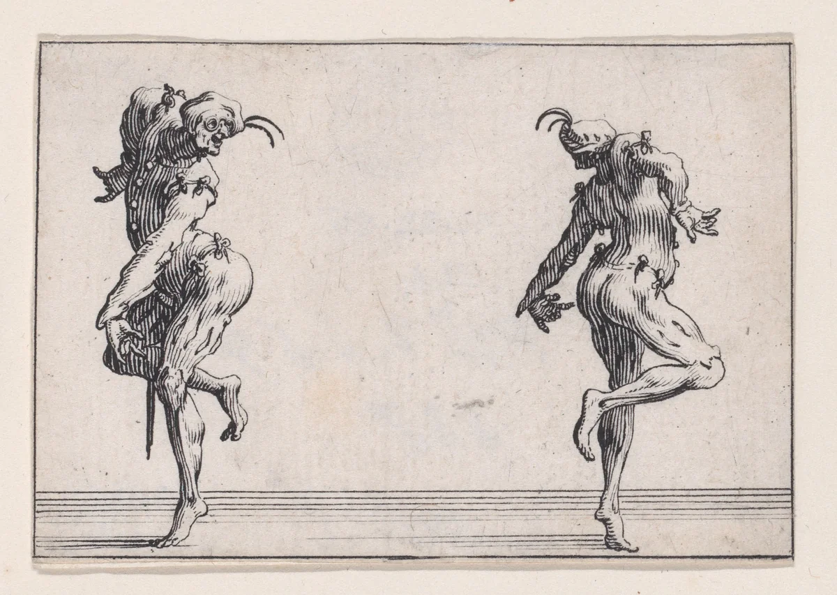 Les Deux Pantalons se Tournant le Dos (Two Men in Pantsuits Turned Away from Each Other), from "Les Caprices" Series A, The Florence Set by Jacques Callot, print, 1617