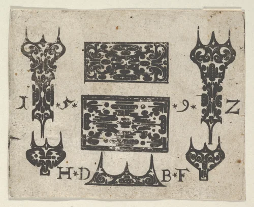 Blackwork Print with Two Horizontal Panels and Five Small Motifs by Hans de Bull, print, 1592