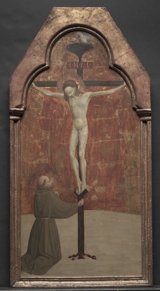 St. Francis Kneeling before Christ on the Cross by Sassetta, painting, 1437-1444