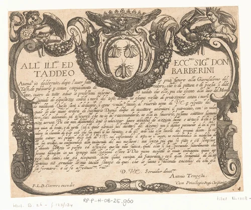 Cartouche met gekroond wapenschild en opdracht aan Taddeo Barberini by Antonio Tempesta, print, 1565-1630