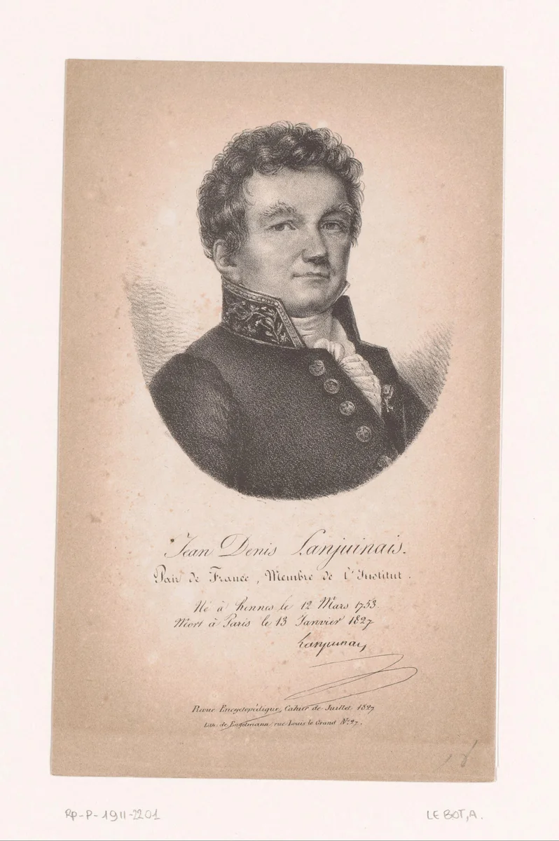 Portret van Jean-Denis Lanjuinais by A. Le Bot, print, 1827
