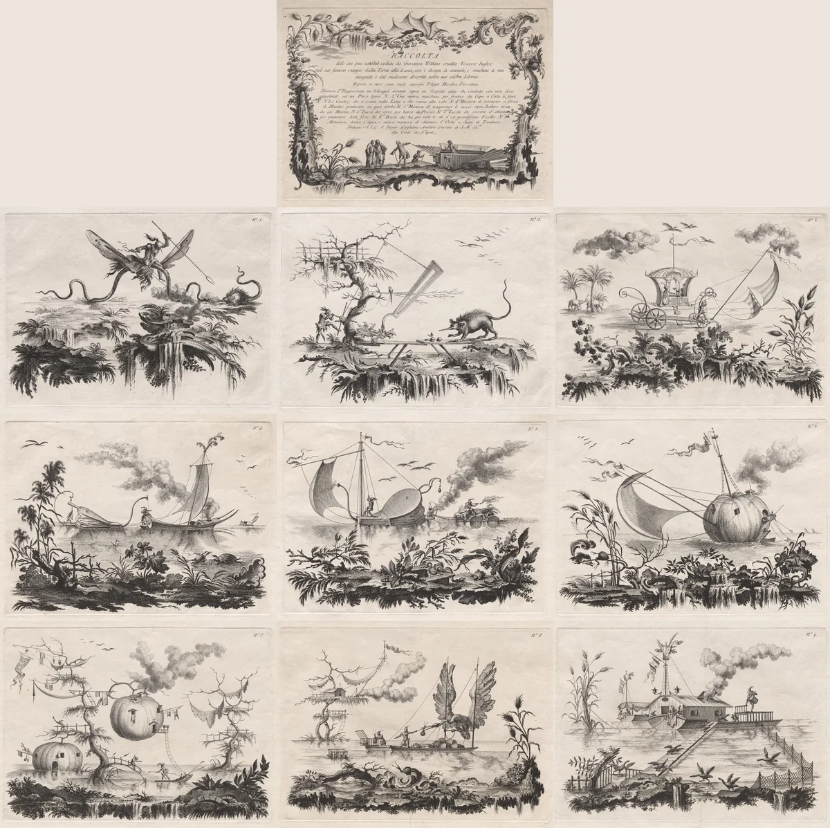 Suite of the most notable things seen by John Wilkins erudite English Bishop during his famous voyage from the Earth to the Moon … dedicated to Sir William Hamilton ambassador to the Court of Naples by Filippo Morghen, other, 1764-1774