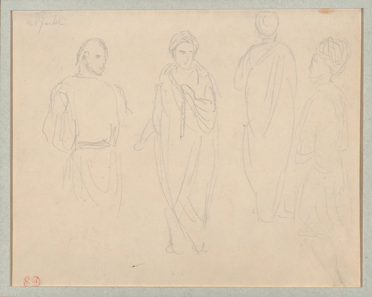 Four Studies of Figures Wearing Turbans by Eugène Delacroix, drawing, 1832