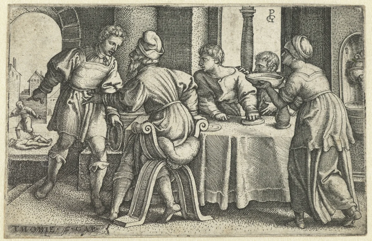Tobit verlaat het feestmaal nadat Tobias hem vertelt over een omgebrachte man by Unknown, print, 1543