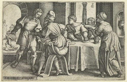 Tobit verlaat het feestmaal nadat Tobias hem vertelt over een omgebrachte man by Unknown, print, 1543