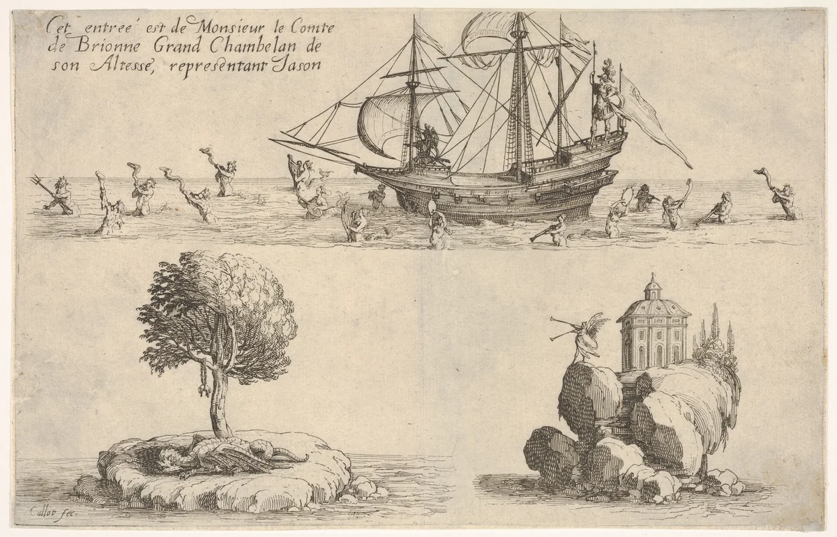 The entry of the Count of Brionne: in the upper image, the count stands on a shipdeck in the guise of Jason, with mermaids and tritons playing musical instruments in the water below; at lower left, the Golden Fleece hangs in a tree above a recumbent dragon; at lower right, a winged figure of Fame plays two trumpets from a rocky outcrop, from "Le Combat a la Barrière" by Jacques Callot, print, 1627