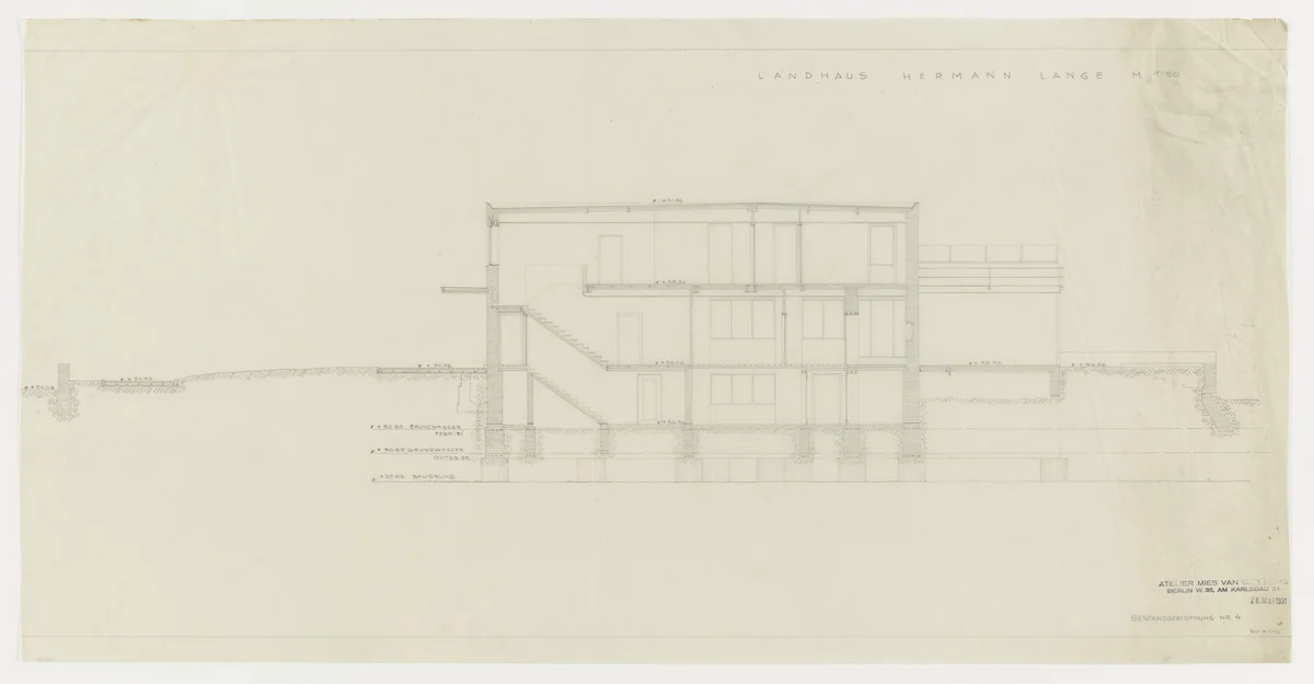Hermann Lange House, Krefeld, Germany, Section by Ludwig Mies van der Rohe, mies van der rohe archive, 1927