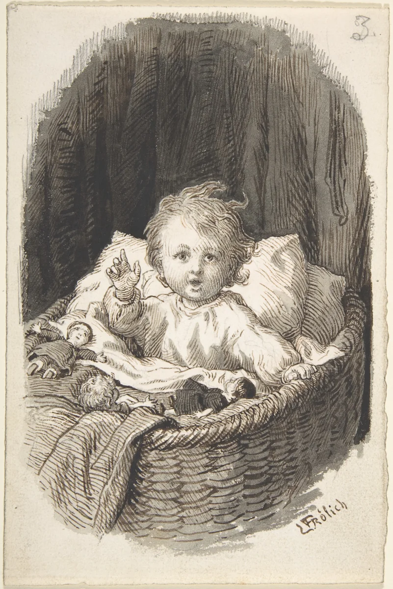 Child in a Crib by Lorenz Frølich, drawing, 1835-1903