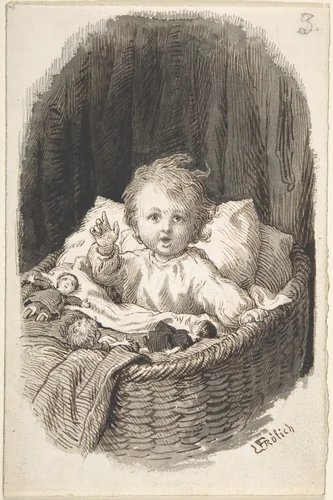 Child in a Crib by Lorenz Frølich, drawing, 1835-1903