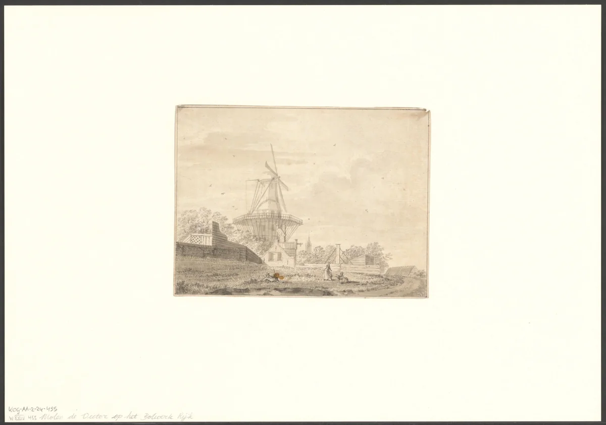 Gezicht op bolwerk Rijk met molen De Victor by anonymous, drawing, 1700-1799