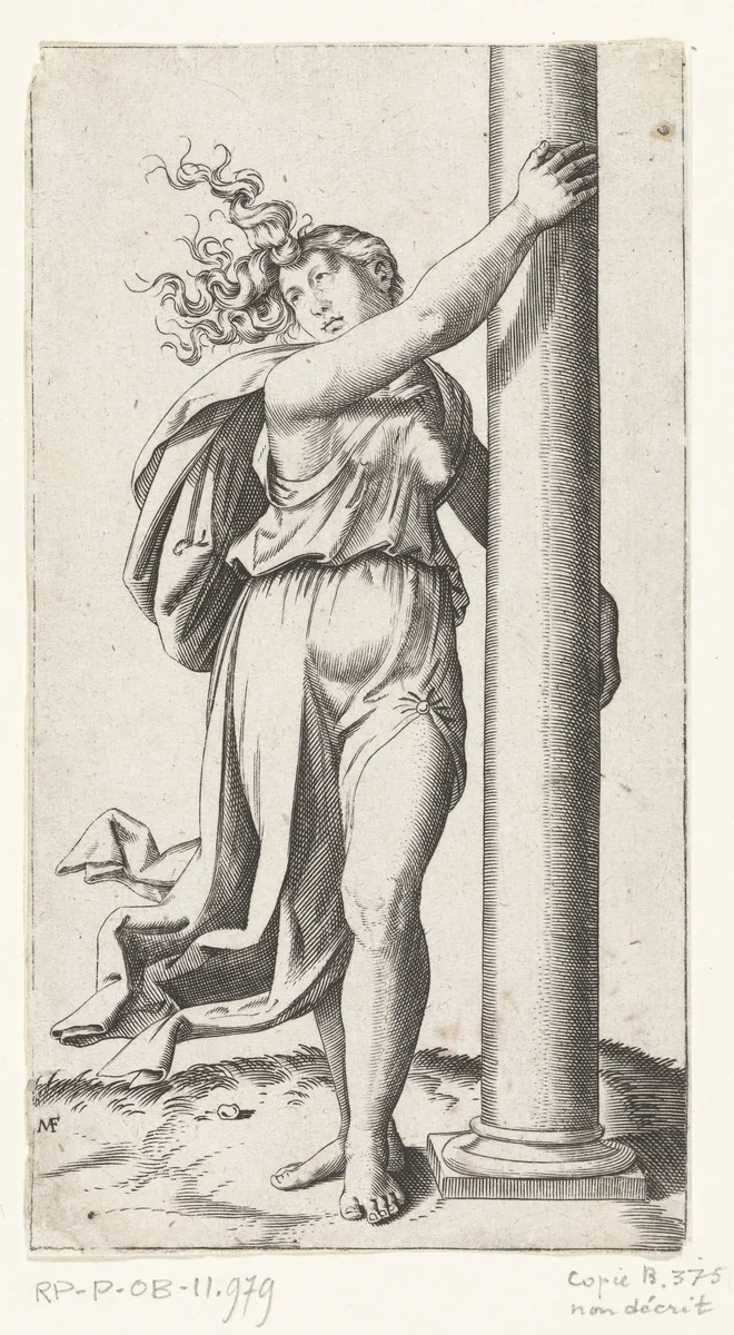 Vrouw met zuil als personificatie van Kracht (Fortitudo) by anonymous, print, 1510-1575