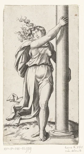 Vrouw met zuil als personificatie van Kracht (Fortitudo) by anonymous, print, 1510-1575