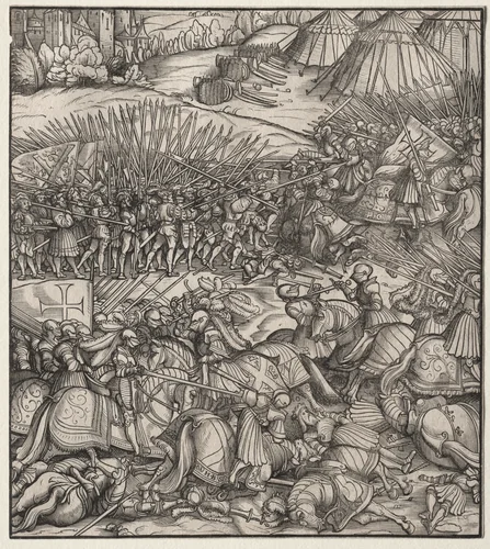How the French King made war on the King of Feuereisen in his realm and how the King of Feuereisen died in the battle by Hans Burgkmair, print, 1512-1516