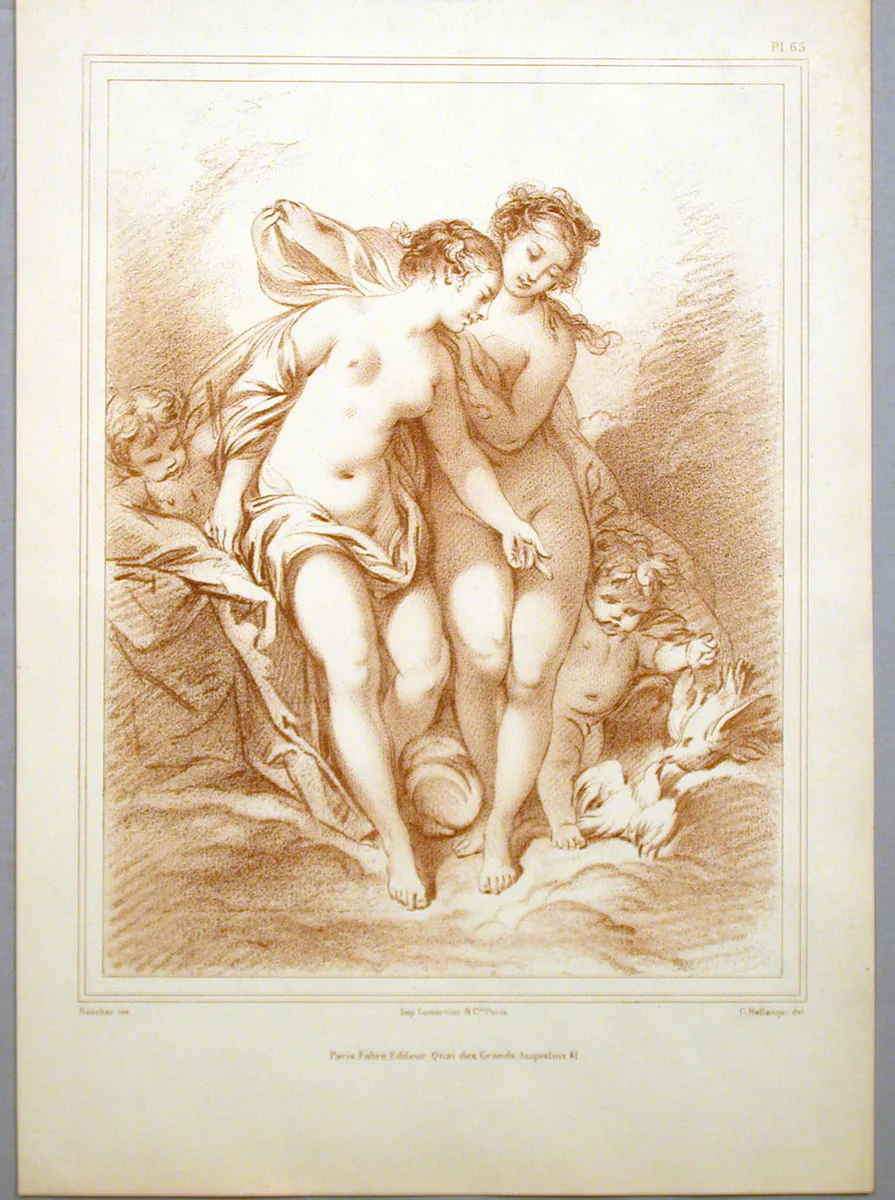 Untitled: Two female nudes with two putti and doves by Bellanger, print, 1800-1950