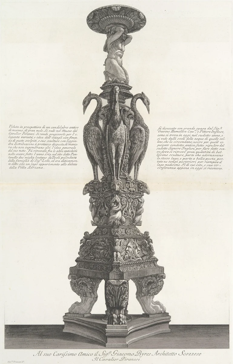 Perspective view of the same candelabrum, from "Vasi, candelabri, cippi, sarcofagi, tripodi, lucerne, ed ornamenti antichi disegnati ed incisi dal Cav. Gio. Batt. Piranesi, Vol. II" (Vases, candelabra, grave stones, sarcophagi, tripods, lamps, and ornaments designed and etched by Cavalieri Giovanni Battista Piranesi) by Giovanni Battista Piranesi, book, 1778-1780