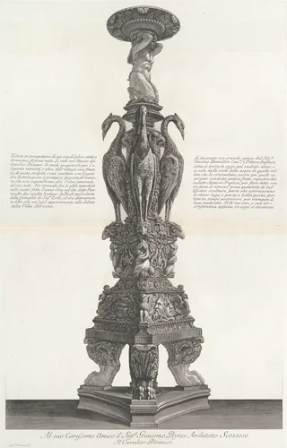 Perspective view of the same candelabrum, from "Vasi, candelabri, cippi, sarcofagi, tripodi, lucerne, ed ornamenti antichi disegnati ed incisi dal Cav. Gio. Batt. Piranesi, Vol. II" (Vases, candelabra, grave stones, sarcophagi, tripods, lamps, and ornaments designed and etched by Cavalieri Giovanni Battista Piranesi) by Giovanni Battista Piranesi, book, 1778-1780