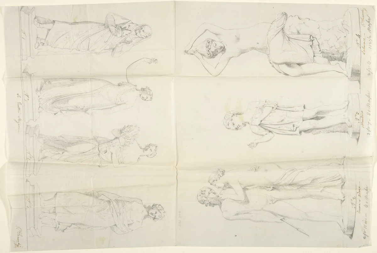 Sketches of seven sculptures: The Four Seasons, Venus and Adonis, a Beggar, and Salmacis by John Gibson, drawing, 1845-1855