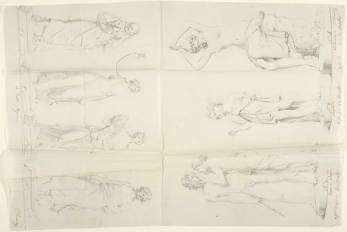 Sketches of seven sculptures: The Four Seasons, Venus and Adonis, a Beggar, and Salmacis by John Gibson, drawing, 1845-1855
