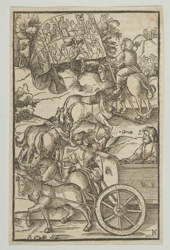 The Virtuous Man on a Chariot on his Way to Heaven, from Hymmelwagen auff dem, wer wol lebt... by Hans Schäufelein, print, 1517