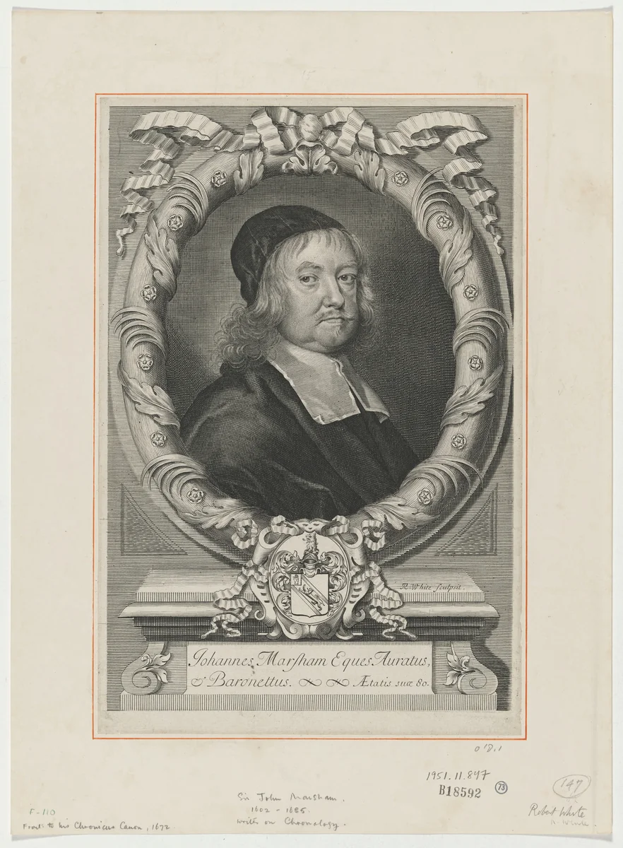 Sir John Marsham, Writer on Chronology by Robert White, print, 1672