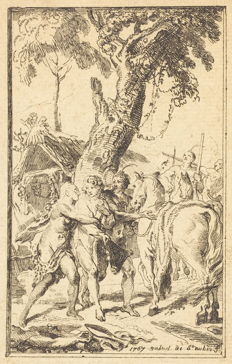 Flight of M. de Belle-Isle, Prisoner with theAttakapas [right] by Gabriel de Saint-Aubin, print, 1767