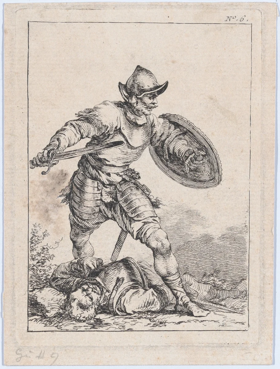 Soldier with Sword and Shield, Stepping over a Body by Philippe-Jacques de Loutherbourg, print, 1755-1771