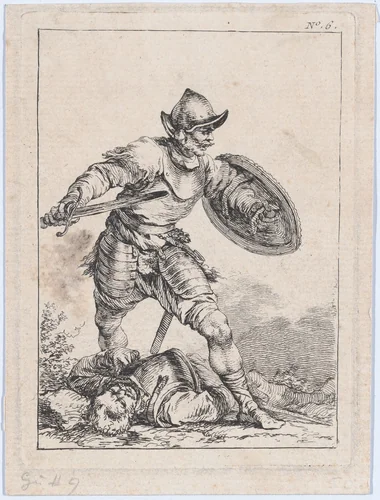 Soldier with Sword and Shield, Stepping over a Body by Philippe-Jacques de Loutherbourg, print, 1755-1771