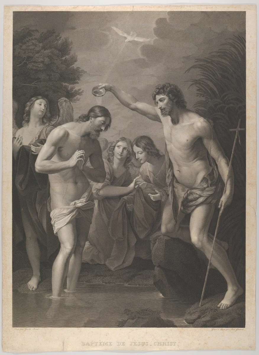 The Baptism of Christ; Saint John the Baptist at right and Christ at left with his hands held together, the Holy Dove above, angels in the background, after Reni by Paul Gleditsch, print, 1810-1872