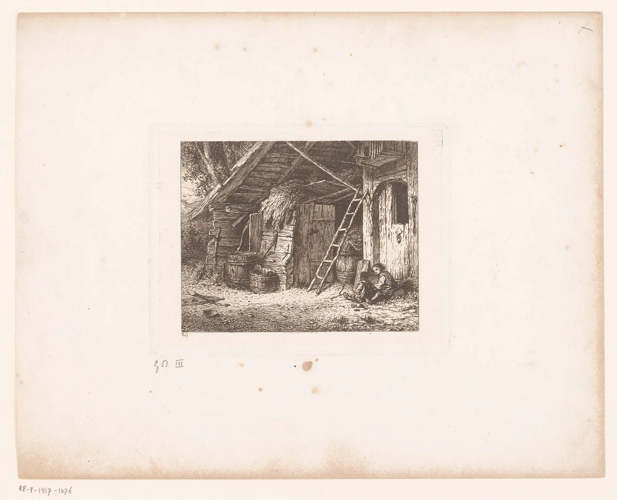 Twee kinderen, zittend voor een staldeur by Charles Emile Jacque, print, 1845